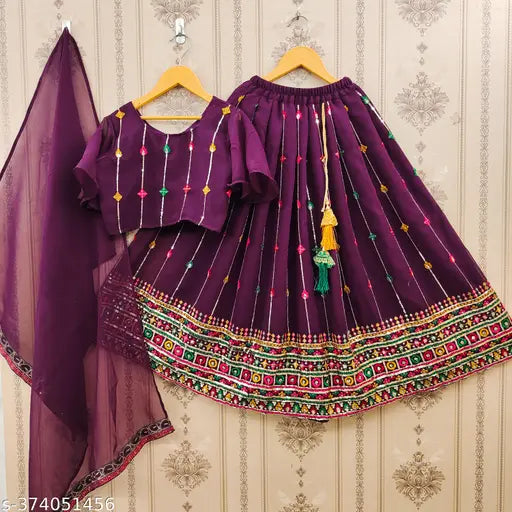 Faux Georgette designer lehenga choli for kids wedding party, embellished with self-design embroidery on display stand