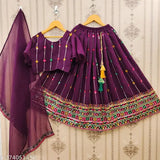 Faux Georgette designer lehenga choli for kids wedding party, embellished with self-design embroidery on display stand
