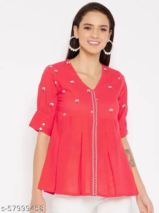 WineRed women's cotton peach floral embroidered puff sleeves top, short sleeve, ideal for office and casual wear