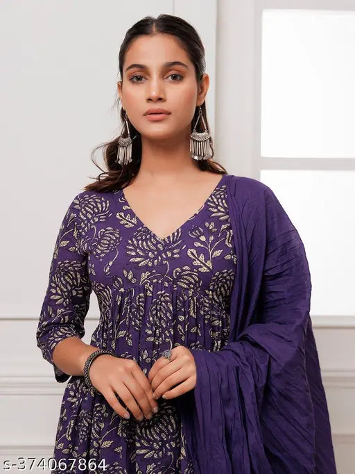 Violet cotton blend floral A-line printed Kurta set with dupatta and bottomwear, women's fashion wear in multiple sizes