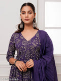 Violet cotton blend floral A-line printed Kurta set with dupatta and bottomwear, women's fashion wear in multiple sizes