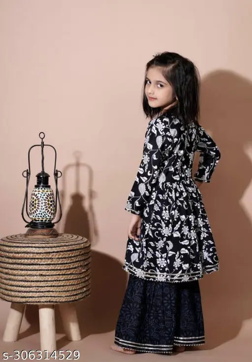 Black Rayon Anarkali Sharara with Embroidered sleeves and Dupatta for Baby, Indian ethnic wear for 5-6 years, 11-12 years, 7-8 years, 9-10 years
