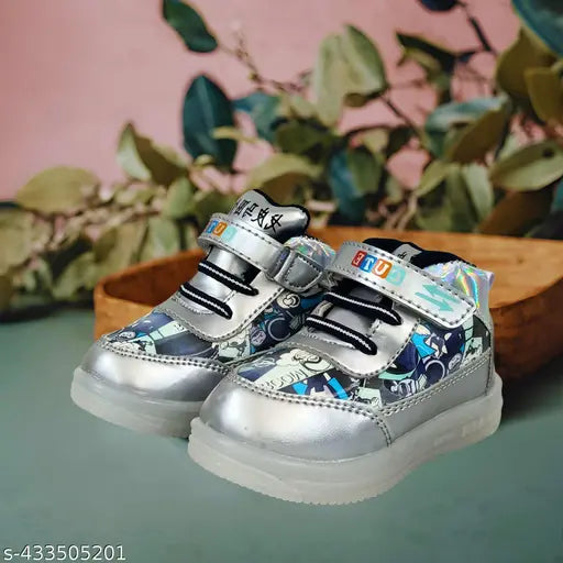 Silver glitter sneakers with LED lights, blue and black design