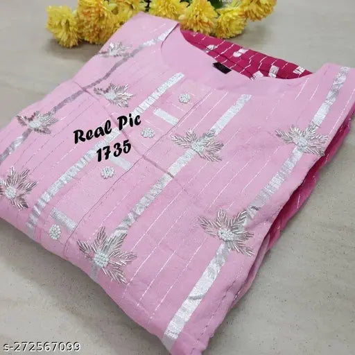 Pink lurex fabric women's long gown, handcrafted neckline, cotton lining
