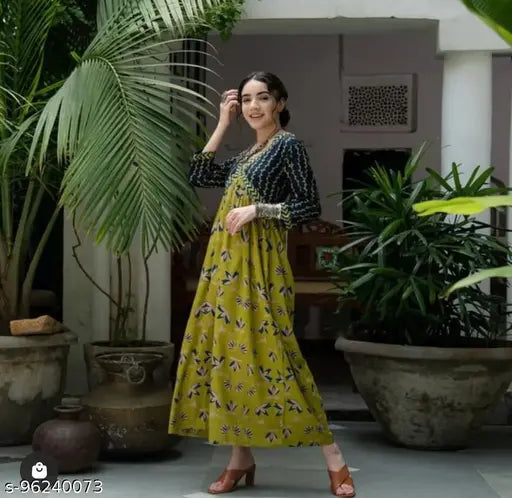 Rayon printed midi gown with three-quarter sleeves, Indian traditional fashion