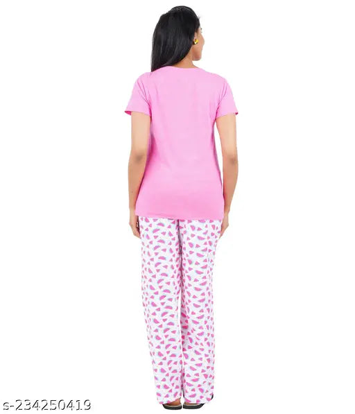 Pink cotton ladies printed pyjama set with top