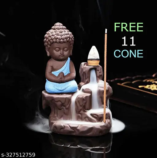 Blue and black meditating Buddha statue with backflow incense holder, 10cm x 10cm x 10cm size, includes 11 scented cone incenses. Decorative showpiece for home or office