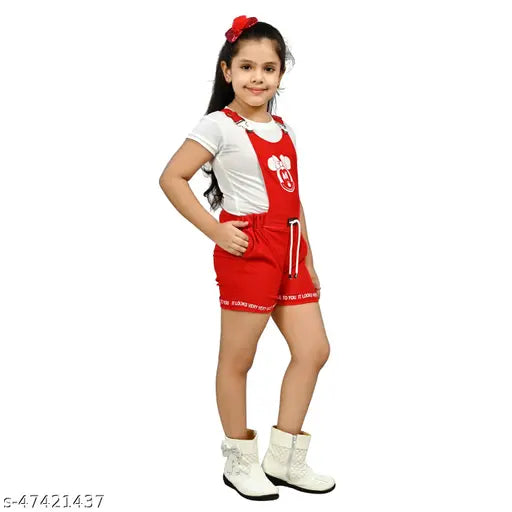 Girl's red cotton blend dungaree set with white T-shirt