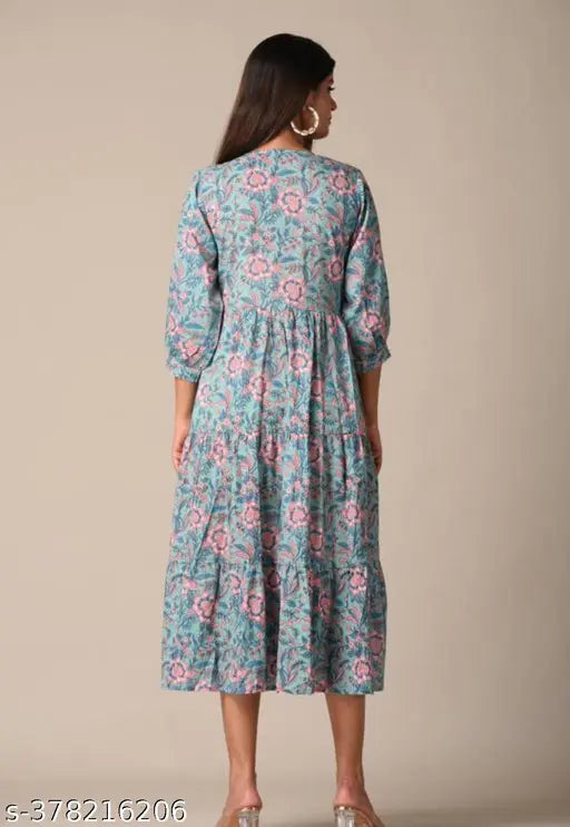Floral cotton printed middy, three-quarter sleeves, Indian vintage summer dress with floral pattern