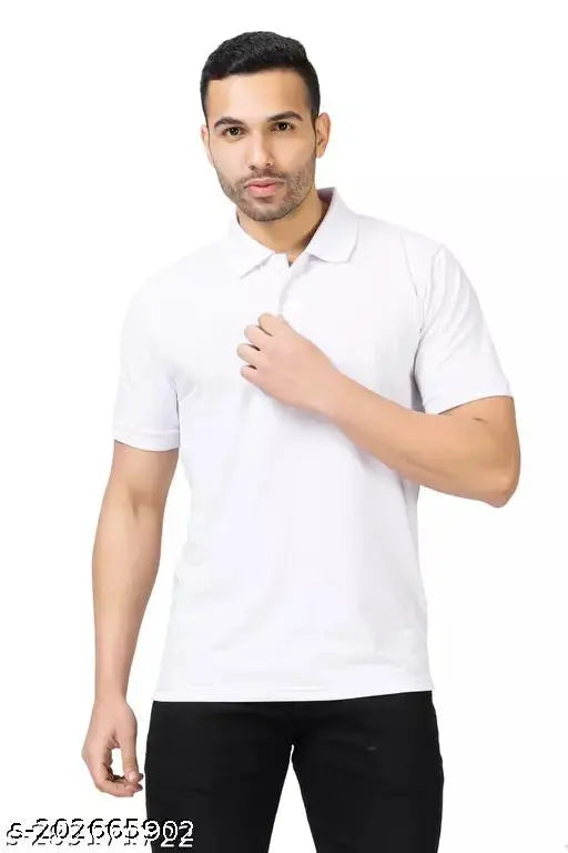 White half-sleeve polo neck t-shirt for men, breathable cotton blend