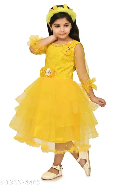 Three-quarter sleeve net frocks for kids, solid pattern, vibrant Indian fashion