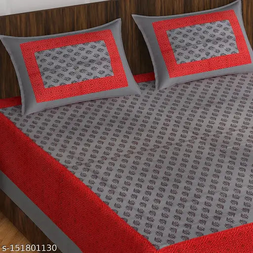 Grey 4 kam cotton flat sheets, fine quality ethnic motifs, 2 pillow covers for adult use, summer season, made in India (144tc)
