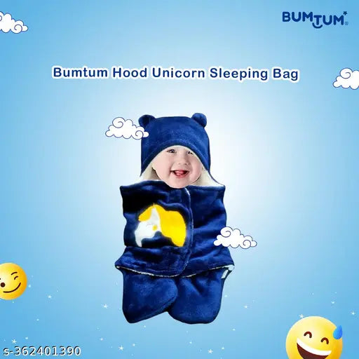 Unicorn print navy cotton/microfiber sherpa hooded swaddle for newborn babies, lightweight and travel-friendly