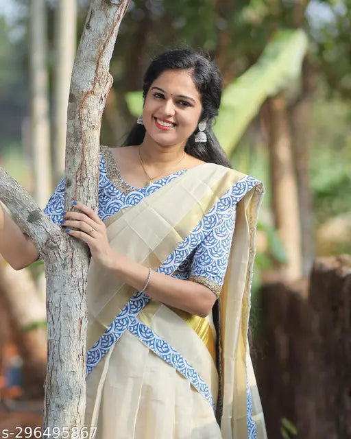 Keralan Kasavi Onam Special Edition Ajrakh Handwork Dhavani - Semi-stitched cotton choli, dupatta, and shawl featuring intricate aari work in top and applique on dupatta, India