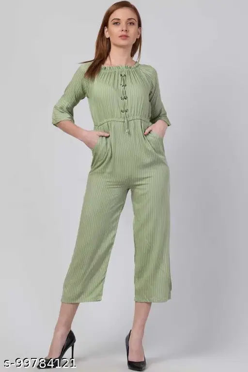 Striped rayon three-quarter sleeve jumpsuit for women, ideal for Indian body types