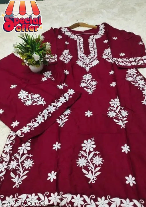 Rayon modal chikankari embroidered kurta and palazzo set, three-quarter sleeves, India origin
