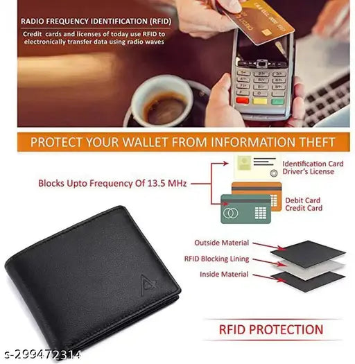 Leeon black top grain leather wallet for men, RFID protected with 2 compartments, 6 card slots, and gift box