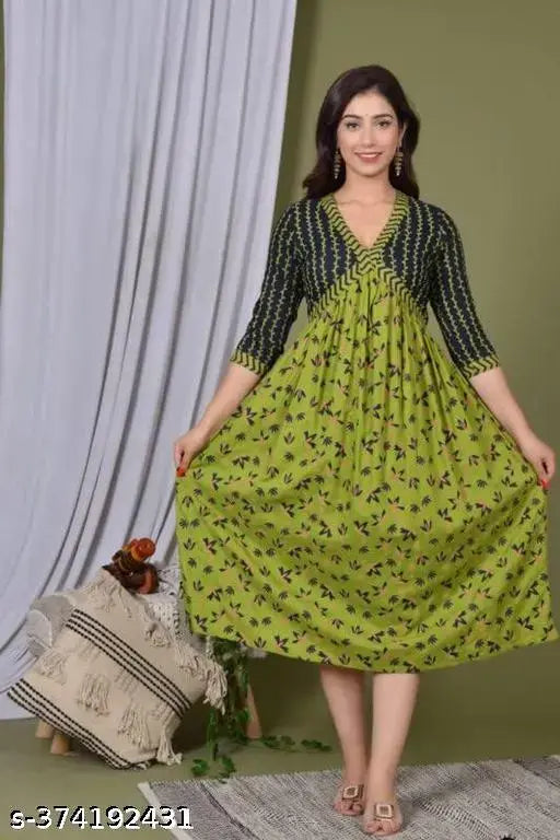 Trendy green rayon anarkali kurti, floral printed party wear middi gown. Single size options available