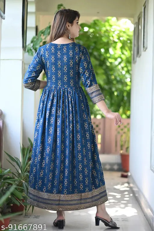 Blue Gold Print Anarkali with handwork, rayon three-quarter sleeve Indian fashion, single size S (36in bust, 50in length) or M