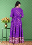 Vibrant rayon printed Anarkali Kurtis for women, three-quarter sleeves, size S-XXXL. Indian traditional attire on model