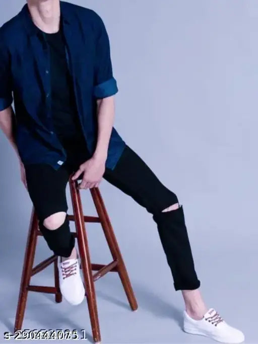 Black denim Eanay knee-cut jeans, solid pattern, size 32, Indian origin