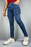 Dark blue denim jeans with distressed details, cropped cutoff style