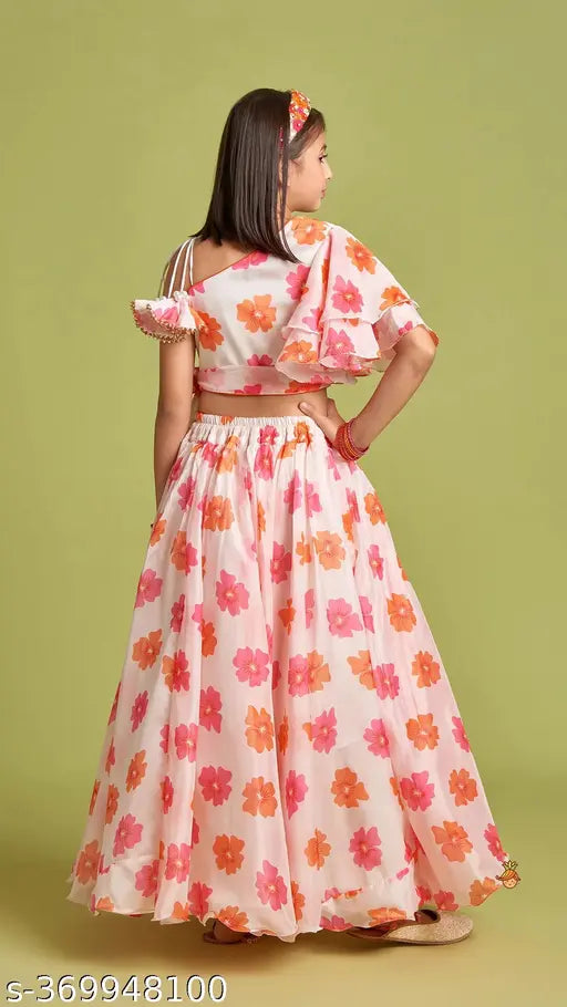 Georgette print crop top & lehenga set for kids, Indian girls fashion accessory