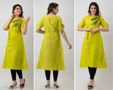 Yellow printed kameez with buttons, knee length