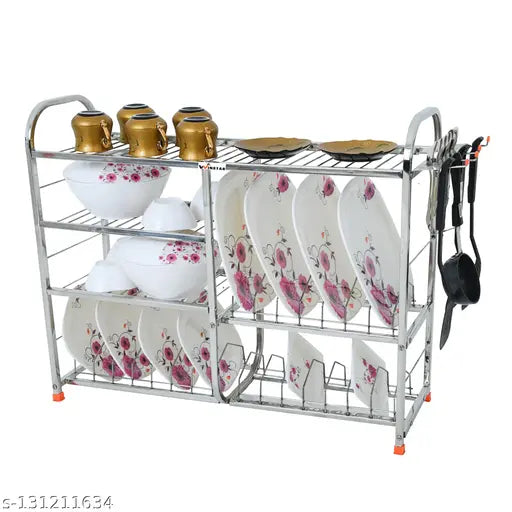 Stainless steel wall mount kitchen dish rack, with 4 layers, including a lower plate design for utensils, and a cutlery stand for easy access and organization in the kitchen
