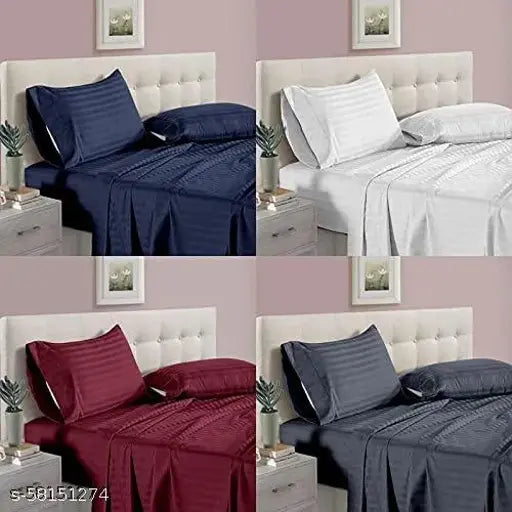 AKIN 220 TC Glace Cotton Satin Stripes/Lining 4 Plain Bedsheet for Double Bed with 8 Pillow Covers for Home-Hotels-Guest House(228X254 C.M,Blue White Grey Maroon)