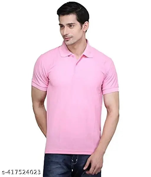 Cotton blend men's polo neck pink t-shirt, comfortable and stylish for casual or semi-formal wear. Made in India
