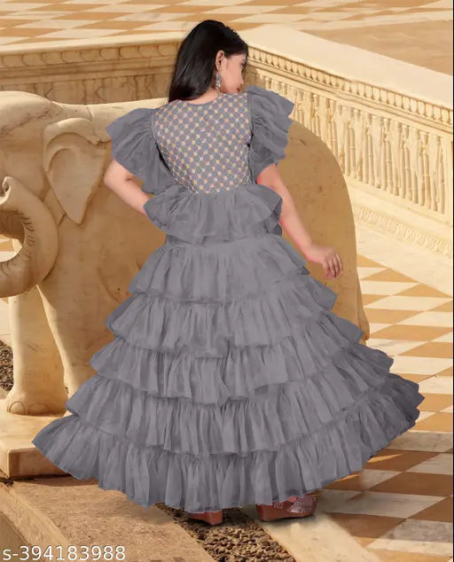 Embellished net princess gown for kids, short sleeves, size 5-6 years
