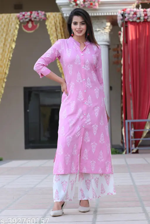 Pink rayon fabric printed kameez and pajama set