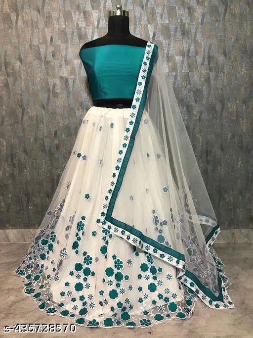 Self-designed cotton blend semi-stitched lehenga choli with embroidered dupatta and net bottomwear, solid color on display