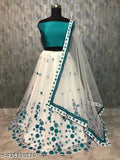 Self-designed cotton blend semi-stitched lehenga choli with embroidered dupatta and net bottomwear, solid color on display