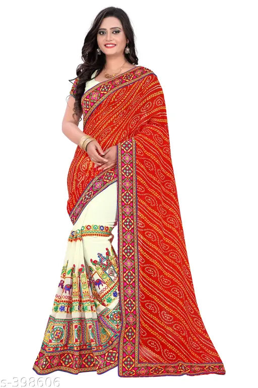 Fancy red and white georgette saree with paisley design