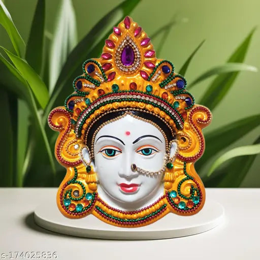 Yellow Polyfibre Mahalakshmi Face, traditional Indian goddess idol for prosperity and wealth, approximately 6 x 5 x 1.5 cm, 75 grams, single piece for worship during Marghshish or any time