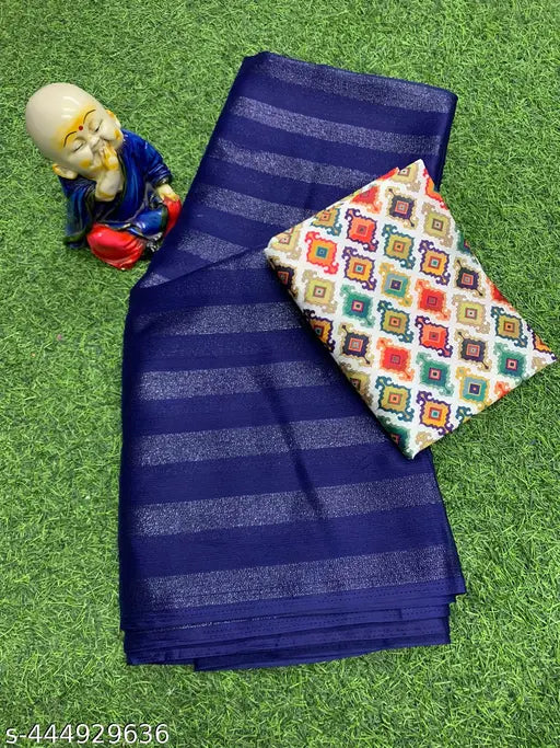Chiffon Zari Patta Saree, Indian free size saree with printed net blouse on mannequin