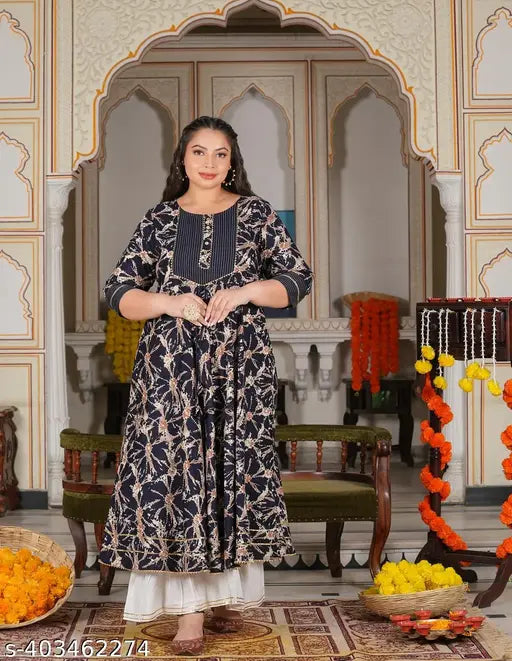 Royal blue patterned round kameez for women