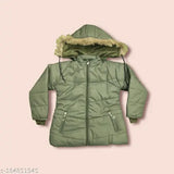 Green padded down coat with fur trim and hood