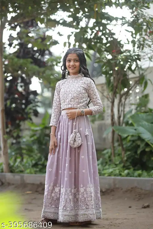 Embroidered lavender cotton lehenga choli with sequence work, India - Intricate embroidery on soft Georgette fabric for special occasions