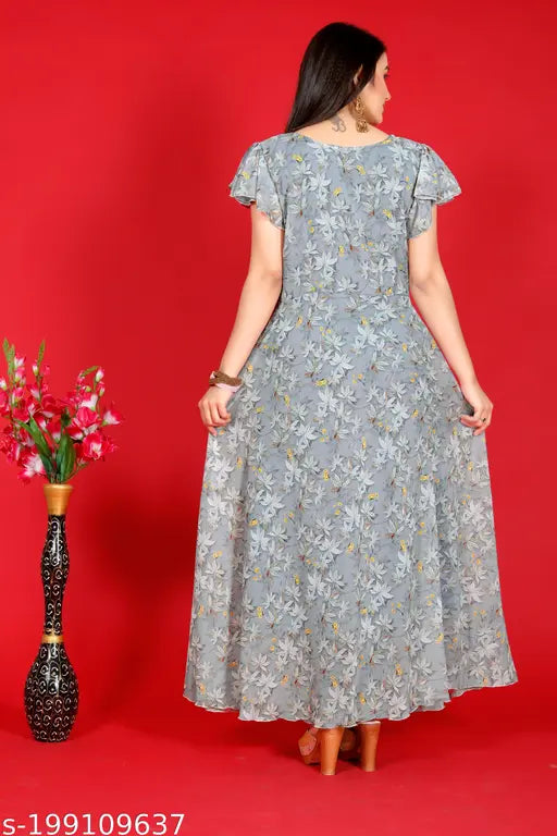 Floral printed women's Georgette kurti with V-neck, three-quarter sleeves, and digital floral print. Big size Anarkali dress made from Georgette fabric and lined with heavy American Crape material. Slight color variations may occur due to camera reflection