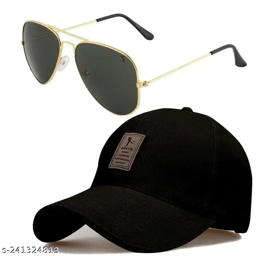 Branded adjustable strap summer sports ediko cotton cap with aviator sunglasses, solid color, onesize fits most. Ideal for outdoor activities, UV protection, and a stylish accessory. Indian-made, quick-drying polycotton blend fabric