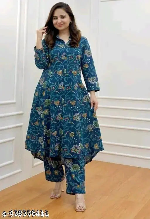 Rayon printed kurta and palazzos, three-quarter sleeves, vibrant Indian fashion for women (L: bust 40in, shoulder 14in)
