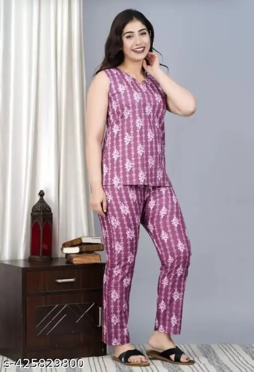 Purple floral printed cotton night suit set, regular fit & short sleeves. Soft, comfortable women's sleepwear from India