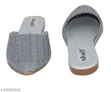 Suedesynthetic open-back casual flats with woven design, comfortable slip-on for women & girls, embellished for all occasions. Indo-western outfit compatible, suitable for weddings and outdoor wear. Available in various sizes (IND-3 - IND-9). Made in India