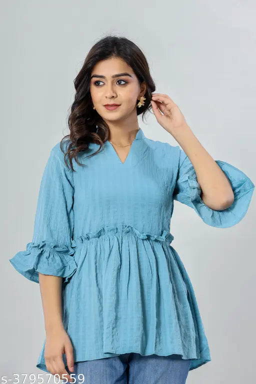 Cotton blend ruffled pleated top for women and girls, solid color elastic gather design with three-quarter sleeves made in India