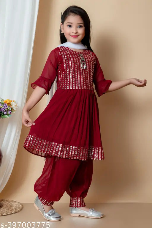 Chiffon churidar pyjama set with dupatta for girls aged 5-6 years, self-designed Indian attire
