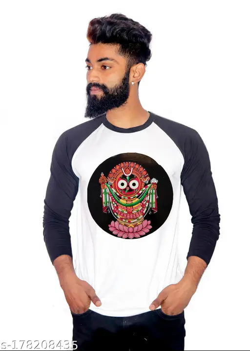 Indian-origin polyester Shri Jagannath round neck tee, long sleeves, printed net design, S-XL sizes
