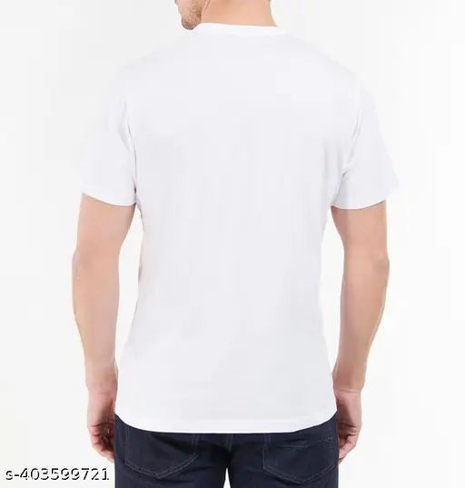 Men's white polyester printed half-sleeve T-shirt. Short sleeves, round neck design. Ideal for casual wear and events. Made in India